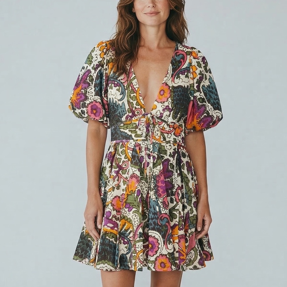 RHODE Floral Paisley Mini Dress in Cream, Pink, Purple, Orange, Green